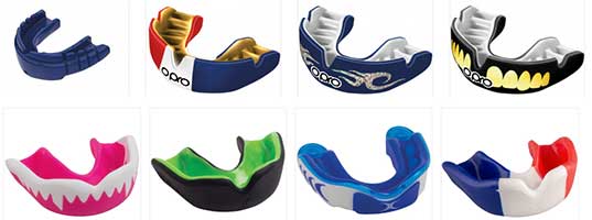 Exemples de protège-dents de la gamme OPRO et Gilbert.